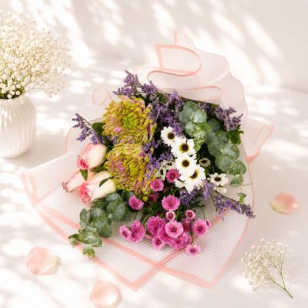 Elegant blush flower bouquet with roses chrysanthemums daisies calimero and eucalyptus for same day flower delivery in Bangalore