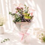 Elegant blush flower bouquet with roses chrysanthemums daisies calimero and eucalyptus for same day flower delivery in Bangalore