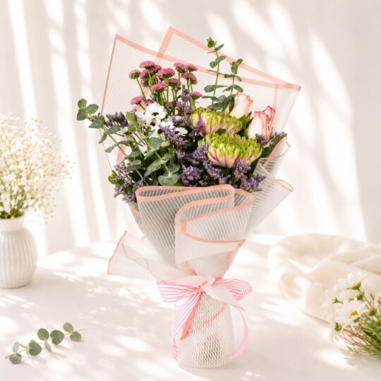 Elegant blush flower bouquet with roses chrysanthemums daisies calimero and eucalyptus for same day flower delivery in Bangalore