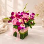 Close up of Orchid Whimsy rose and orchid vase arrangement, Bangalore flower delivery