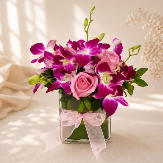 Orchid Whimsy rose and orchid vase arrangement, Bangalore flower delivery