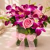 Close up of Orchid Whimsy rose and orchid vase arrangement, Bangalore flower delivery