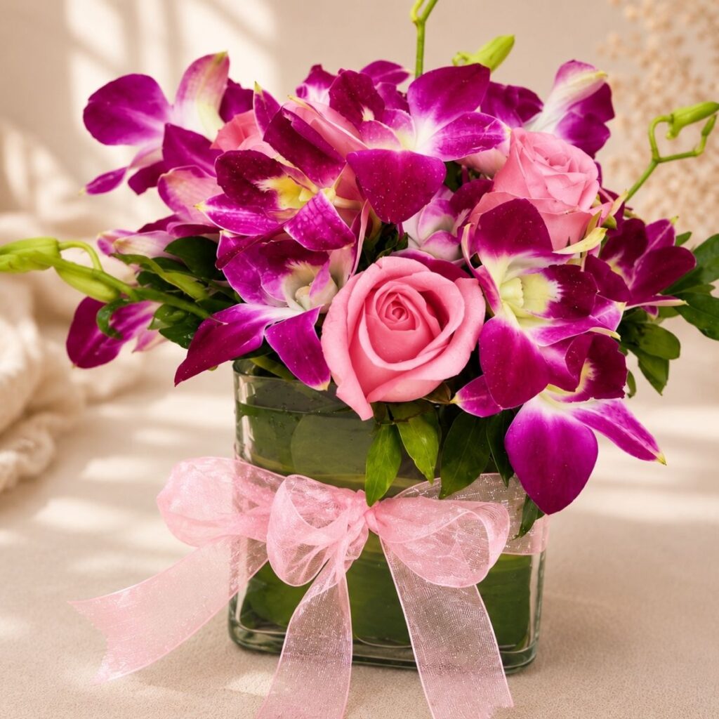 Close up of Orchid Whimsy rose and orchid vase arrangement, Bangalore flower delivery