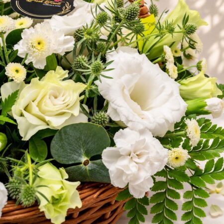 Close up of Ethereal Indulgence white eustoma and carnations, Bangalore gift delivery