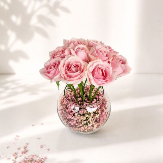 Mother’s Day pink rose bouquet in glass vase with baby’s breath - elegant flower delivery in Bangalore