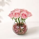 Mother’s Day pink rose bouquet in glass vase with baby’s breath - elegant flower delivery in Bangalore