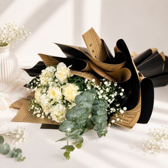 Premium white carnation bouquet with baby's breath and eucalyptus, Same day flower delivery in Bangalore by FreshKnots florist