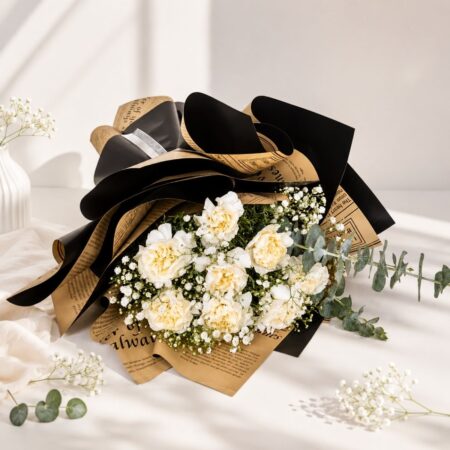 Premium white carnation bouquet with baby's breath and eucalyptus, Same day flower delivery in Bangalore by FreshKnots florist
