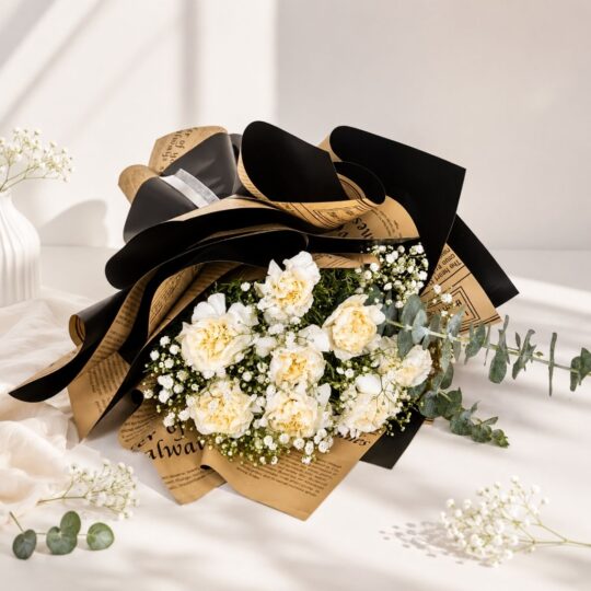 Premium white carnation bouquet with baby's breath and eucalyptus, Same day flower delivery in Bangalore by FreshKnots florist