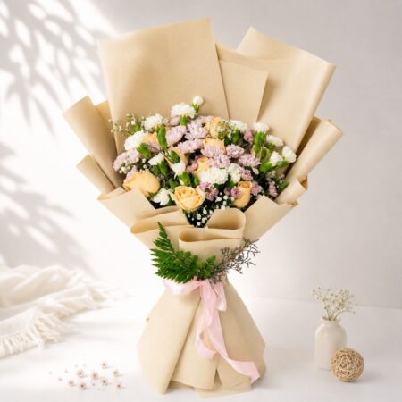 Mother’s Day peach roses and white mixed flower bouquet - Freshknots Bangalore delivery