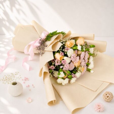 Mother’s Day peach roses and white mixed flower bouquet - Freshknots Bangalore delivery