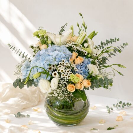 Luxe Bowl exotic flower vase with hydrangeas and roses, Bangalore