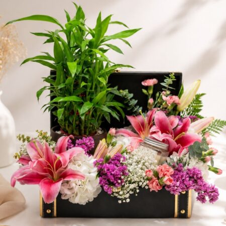 Nature's Embrace Rakhi hamper with lucky bamboo and flowers, Bangalore gift delivery