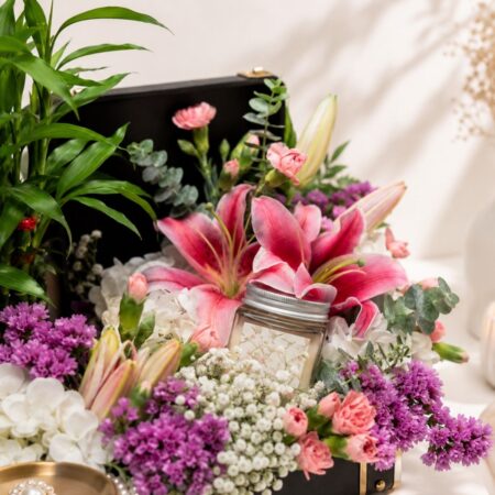 Close up of Nature's Embrace lilies and hydrangeas, Bangalore gift delivery