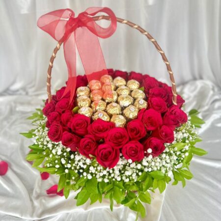 basket of chocolate and roses