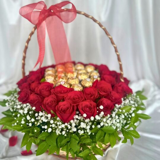 basket of chocolate and roses