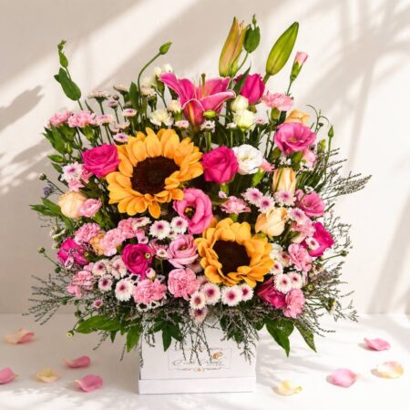Sun-Kissed Charm mixed flower box with sunflowers and roses, Bangalore delivery