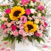 Top view of mixed flower gift box with sunflowers, Bangalore