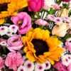 Close-up of sunflower and pink rose box arrangement in Bangalore