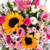 Close-up of sunflower and pink rose box arrangement in Bangalore