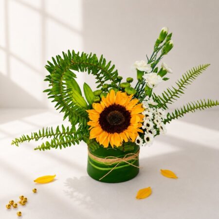 Sundance sunflower arrangement close-up, table gift Bangalore