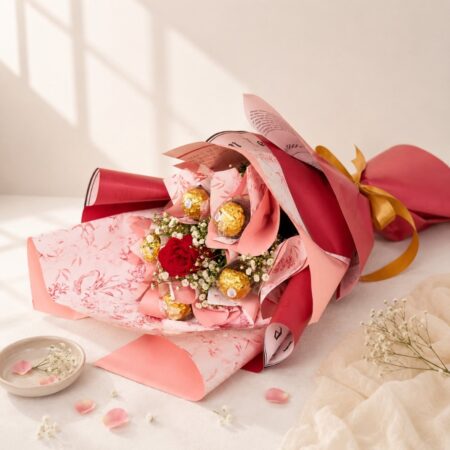 Close-up of red rose and Ferrero Rocher chocolates, Bangalore