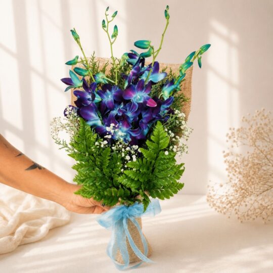 Close up of Waves of the Ocean blue orchid bouquet, Bangalore flower delivery