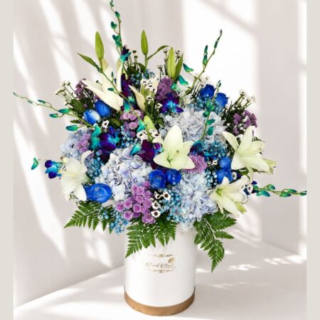 Luxury gift hamper for men with premium chocolates, flowers and elegant blue themed gifting box for same day delivery in Bangalore.