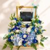 Blue hydrangea birthday floral arrangement Bangalore with roses orchids and luxury flower setup