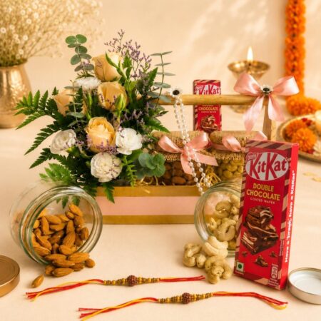 Floral Nut Delight Rakhi flower and dry fruits hamper, Bangalore gift delivery