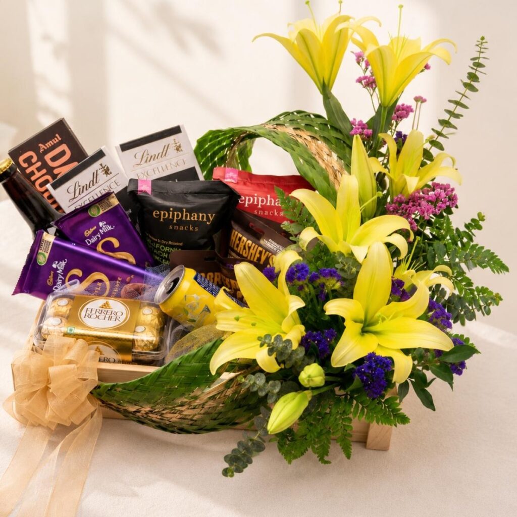 Luxury gourmet gifting hamper with premium snacks, chocolates, flowers and elegant packaging for same day hamper delivery in Bangalore.