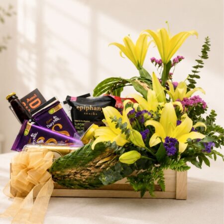 Luxury gourmet gifting hamper with premium snacks, chocolates, flowers and elegant packaging for same day hamper delivery in Bangalore.