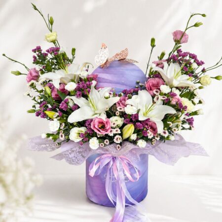 Luxury rainbow flower box arrangement with mixed fresh flowers in pastel shades for premium flower delivery in Bangalore.