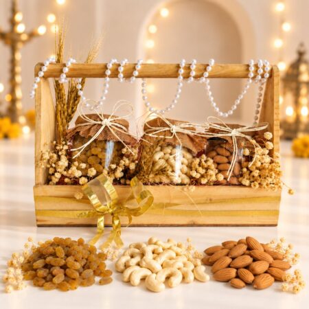 Dry fruit gift hamper in Bangalore with almonds, cashews and raisins in glass jars on a wooden tray with handle and pearl strands