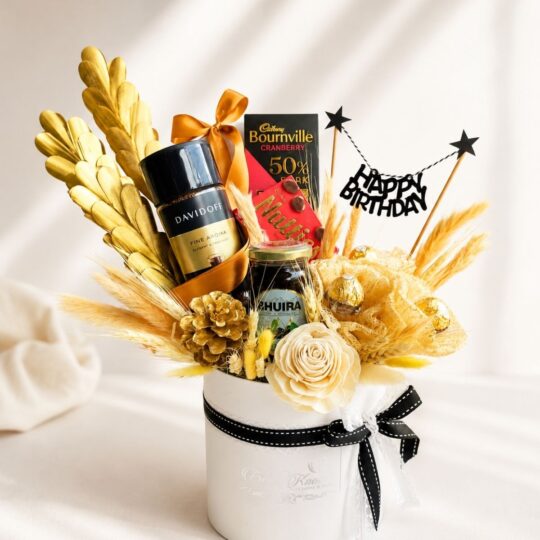 Luxury birthday gift hamper with gourmet treats, coffee-themed elements, and premium celebration gifting in Bangalore.