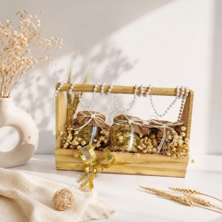 Premium dry fruit hamper in wooden crate with glass jars for corporate gifting and festive delivery in Bangalore