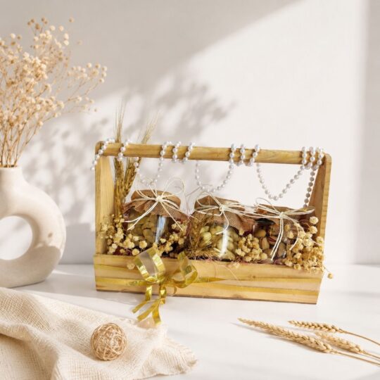 Premium dry fruit hamper in wooden crate with glass jars for corporate gifting and festive delivery in Bangalore