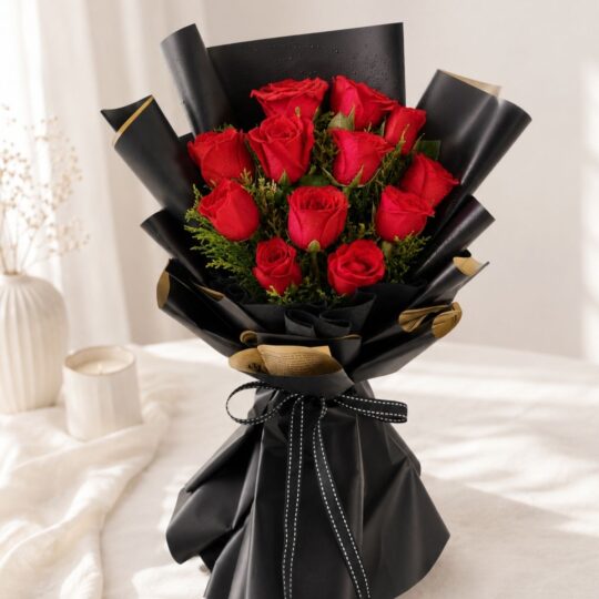 Luxury red roses bouquet with premium wrapping for romantic flower delivery, anniversary surprises, and Valentine gifting in Bangalore.