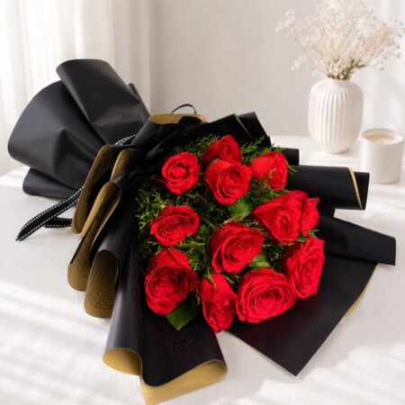Luxury red roses bouquet with premium wrapping for romantic flower delivery, anniversary surprises, and Valentine gifting in Bangalore.