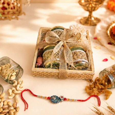 Nutty Rakhi Treat Box with cashews, pistachios and rakhi, Bangalore gift delivery