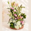 Elegant flower basket with lilies, eustoma, hydrangea, and white blooms by premium florist in Bangalore