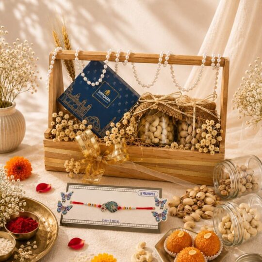 Threads of Tradition rakhi gift basket with sweets and dry fruits, Bangalore gift delivery
