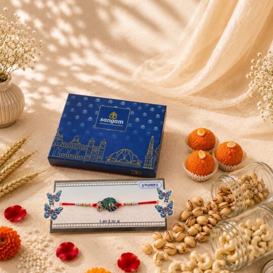 Threads of Tradition rakhi hamper contents with motichoor laddu and dry fruits, Bangalore gift delivery