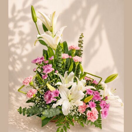 Lily basket arrangement Bangalore with fresh blooms for same day flower delivery