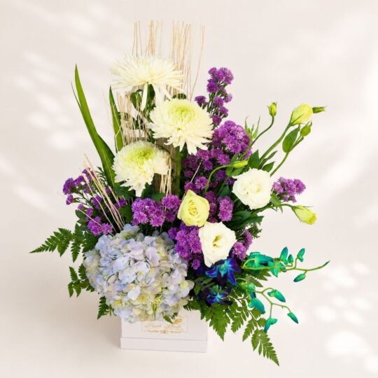 Luxury flower box arrangement by Freshknots Bangalore featuring white chrysanthemums, hydrangeas, purple asters, orchids, and roses in a premium floral gift box