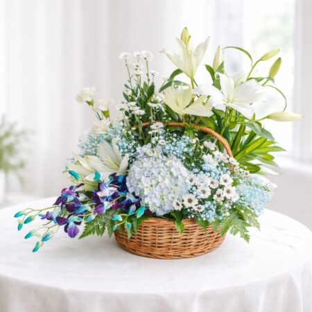 Basket of Exotic Flowers in Blue available for Same Day Delivery