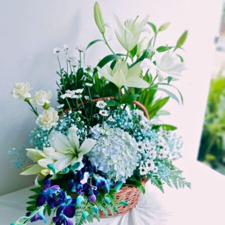 Basket of Exotic Flowers in Blue available for Same Day Delivery