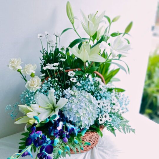 Basket of Exotic Flowers in Blue available for Same Day Delivery