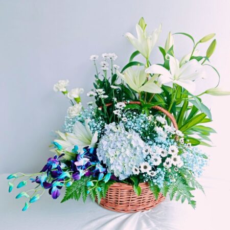 Basket of Exotic Flowers in Blue available for Same Day Delivery