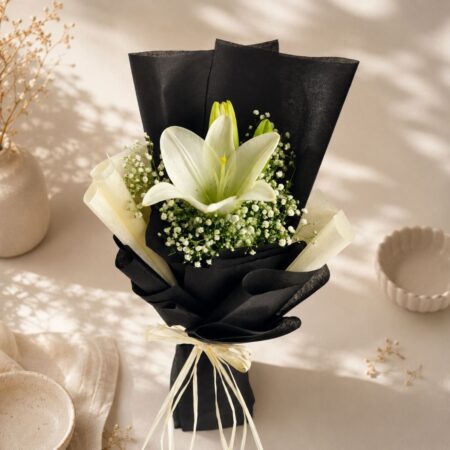 Elegant white lily bouquet with baby's breath | Same day flower delivery Bangalore | FreshKnots florist